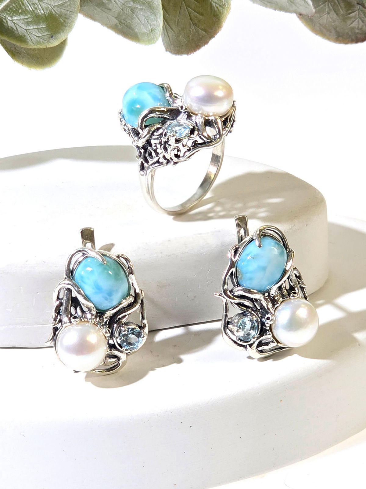 Серебряные серьги ETERI с ларимаром, жемчугом и топазом