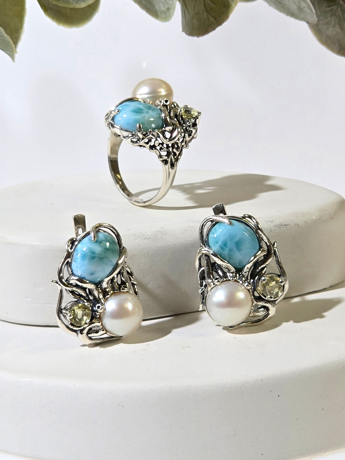Серебряные серьги ETERI с ларимаром, лимонным кварцем и жемчугом