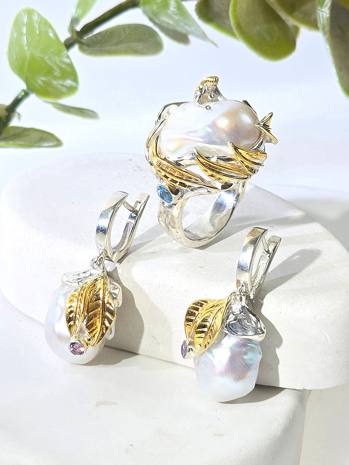 Серебряные серьги ETERI с жемчугом, аметистом и позолотой