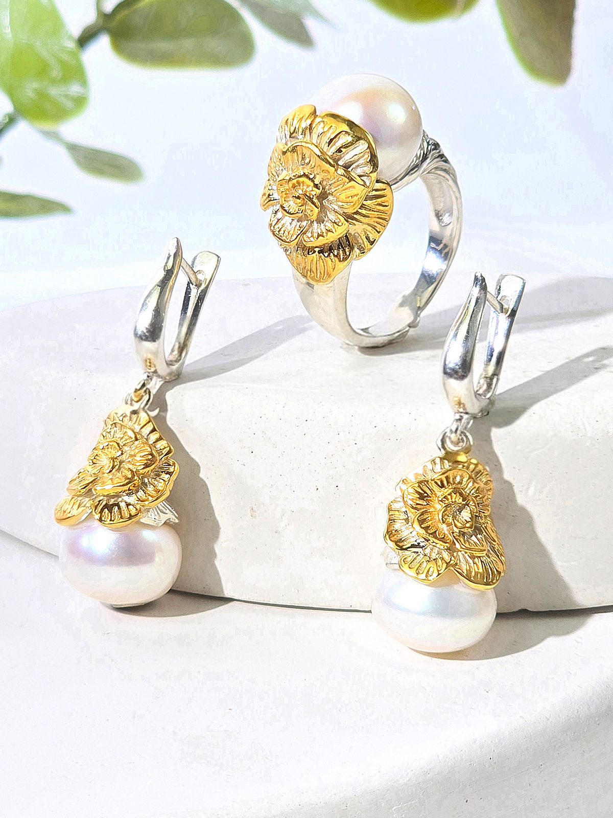 Серебряные серьги ETERI с жемчугом и позолотой