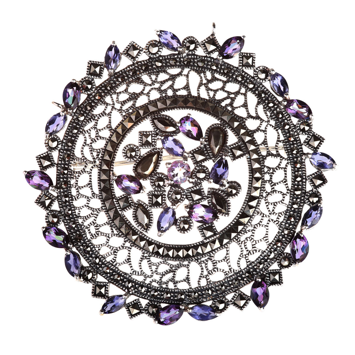 Серебряная брошь ALEXANDRE VASSILIEV с лолитами, фианитами и марказитами Swarovski