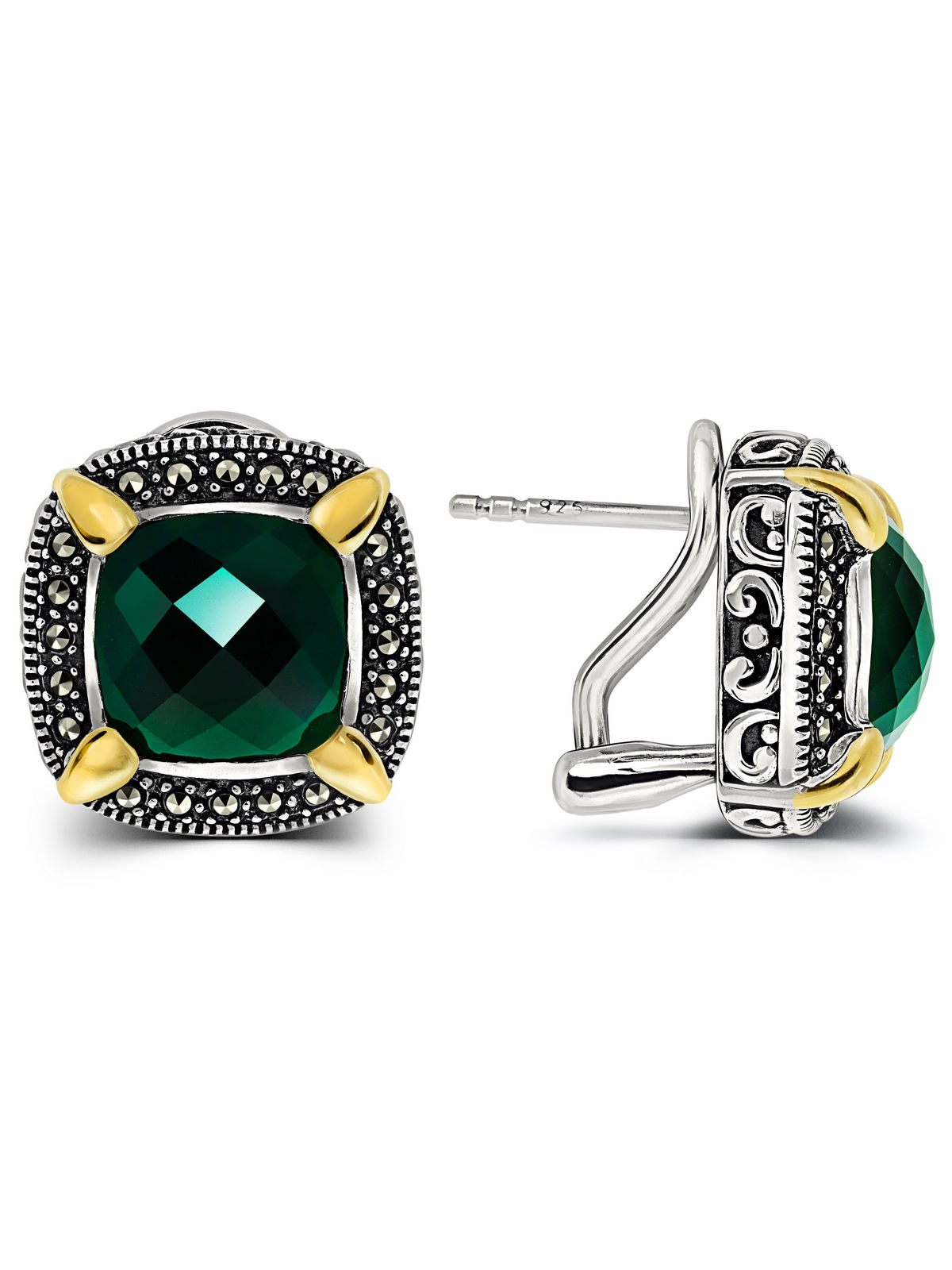 Серебряные серьги ALEXANDRE VASSILIEV с зеленым агатом, марказитами Swarovski  и позолотой 