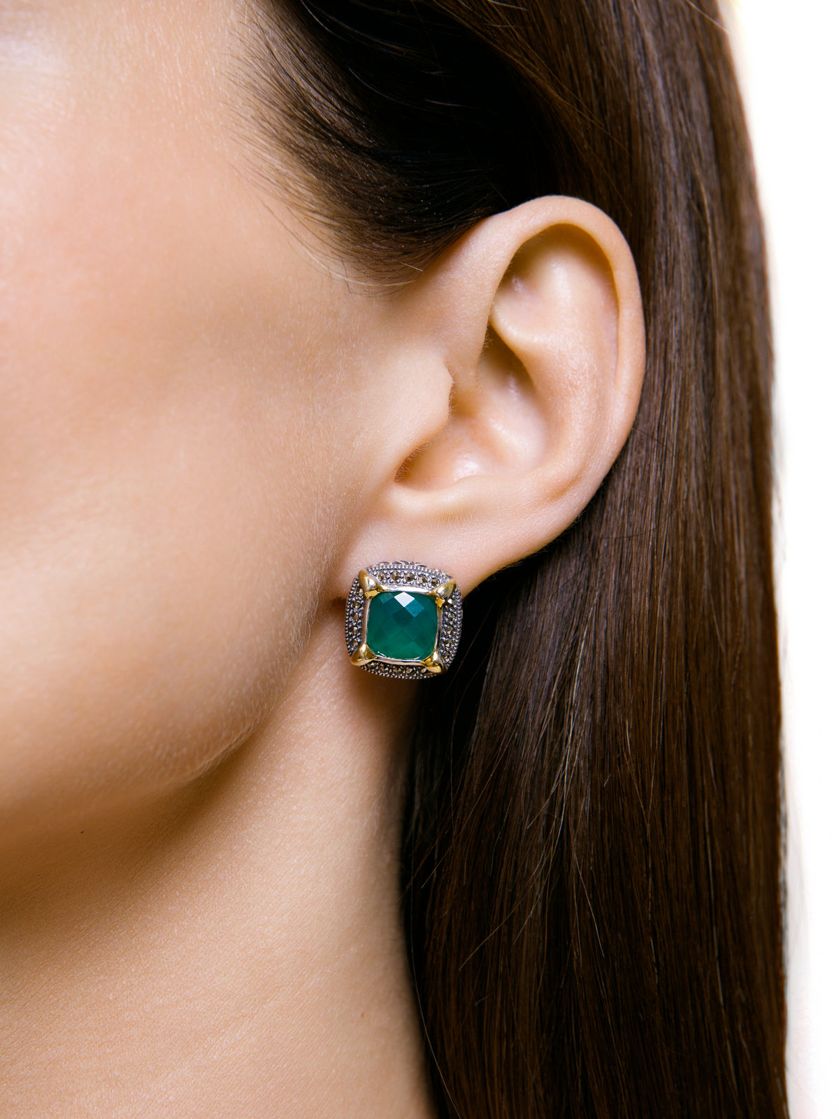 Серебряные серьги ALEXANDRE VASSILIEV с зеленым агатом, марказитами Swarovski  и позолотой 