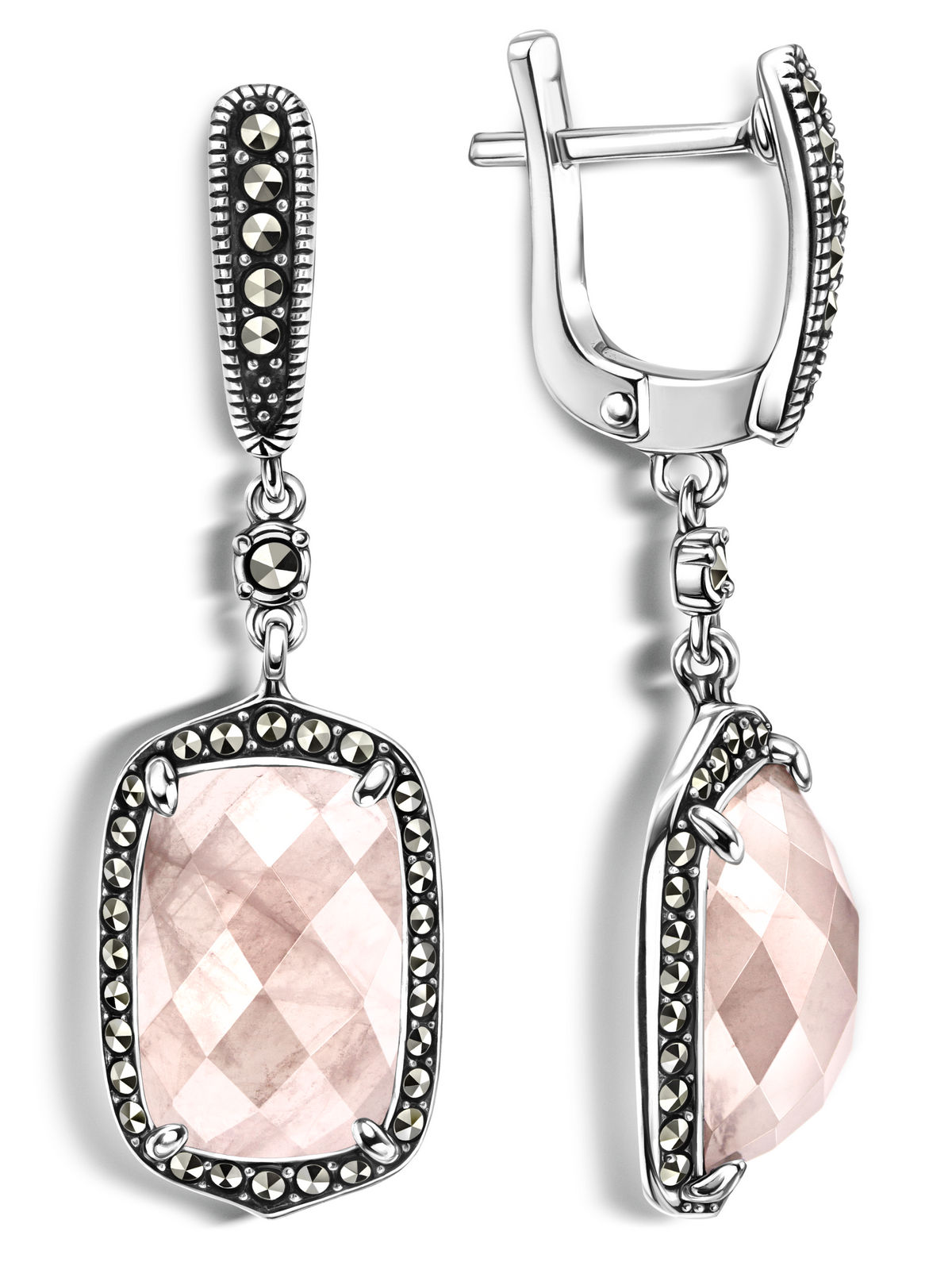 Серебряные серьги ALEXANDRE VASSILIEV с розовым кварцем и марказитами Swarovski