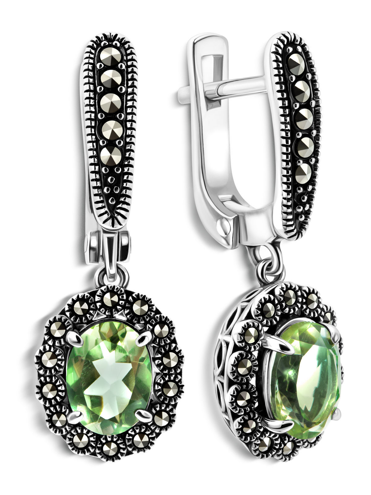 Серебряные серьги ALEXANDRE VASSILIEV с зеленым аметистом и марказитами Swarovski