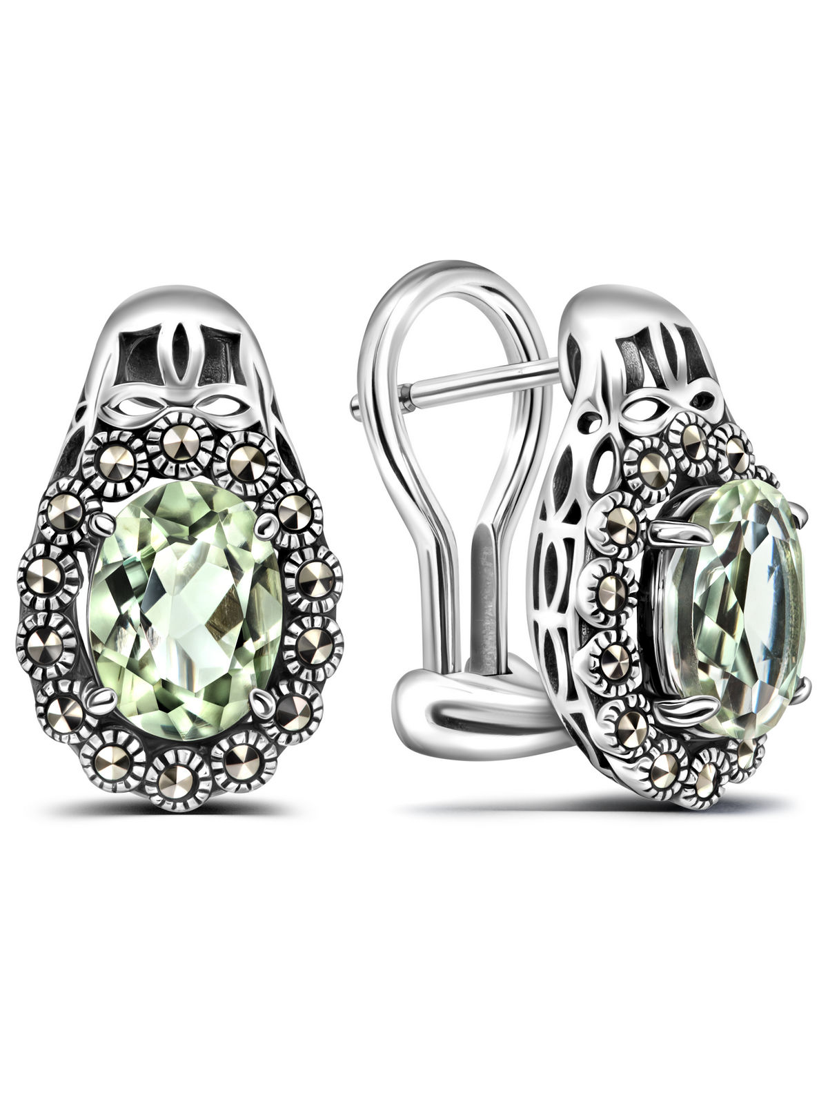 Серебряные серьги ALEXANDRE VASSILIEV с зеленым аметистом и марказитами Swarovski