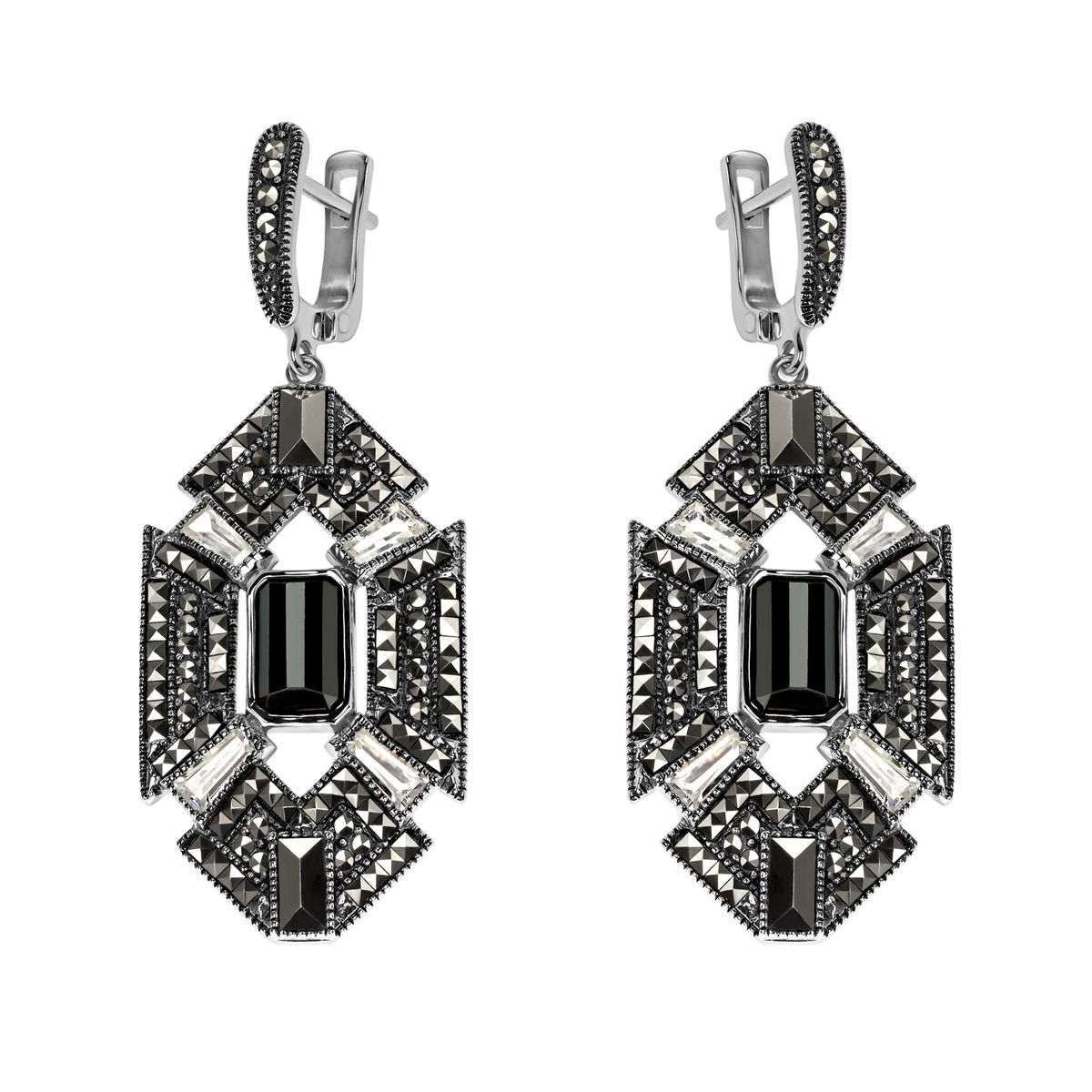 Серебряные серьги ALEXANDRE VASSILIEV с гематитом, фианитами и марказитами Swarovski