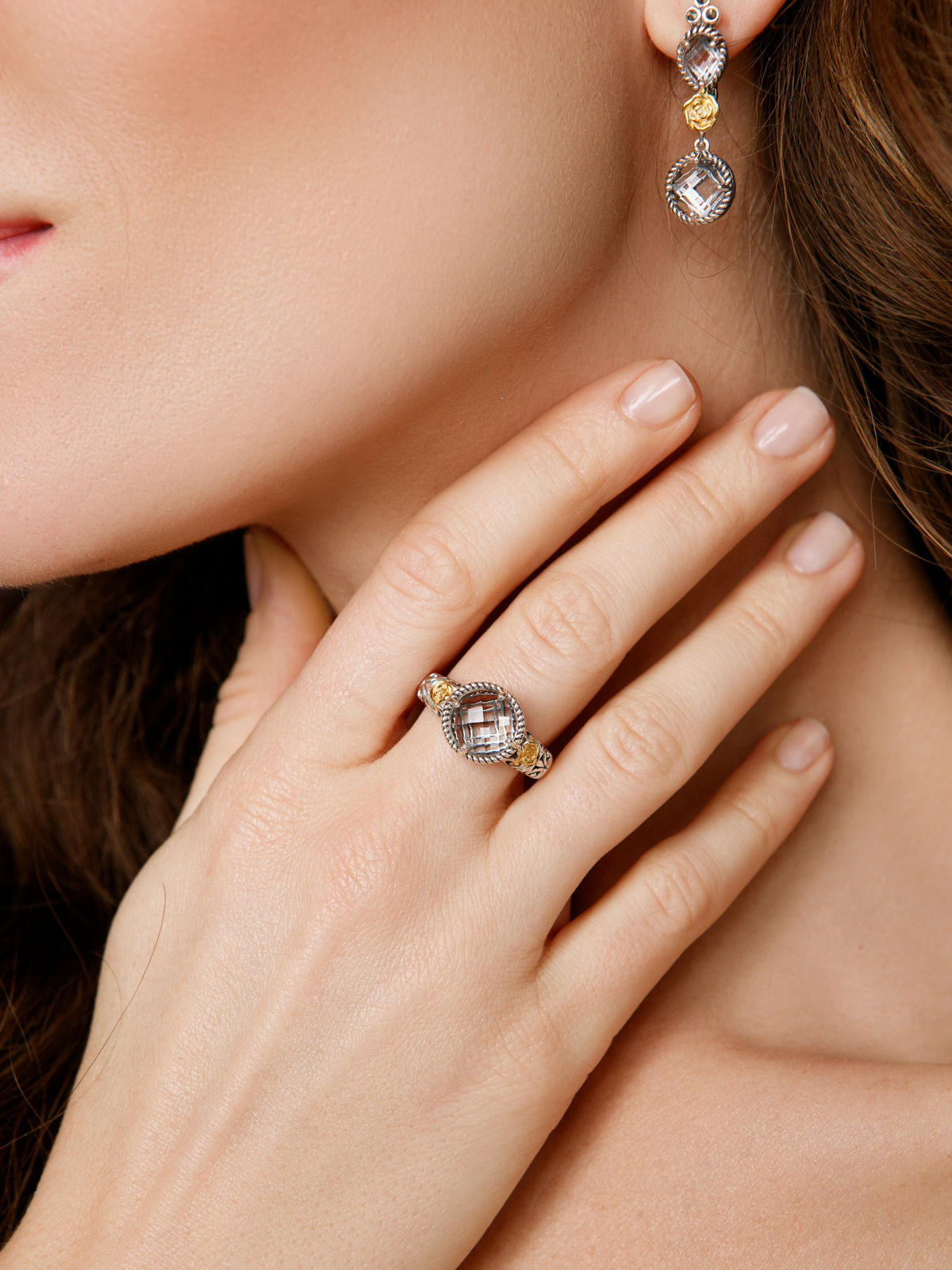 Серебряные серьги ALEXANDRE VASSILIEV с горным хрусталем, марказитами Swarovski и позолотой