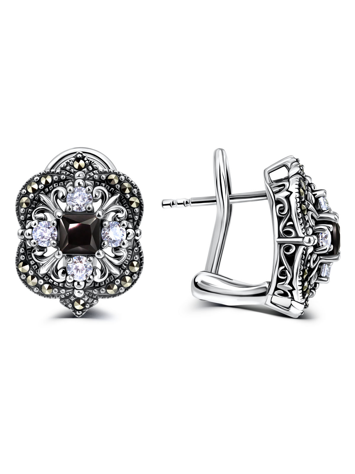 Серебряные серьги ALEXANDRE VASSILIEV с черной шпинелью, фианитами и марказитами Swarovski