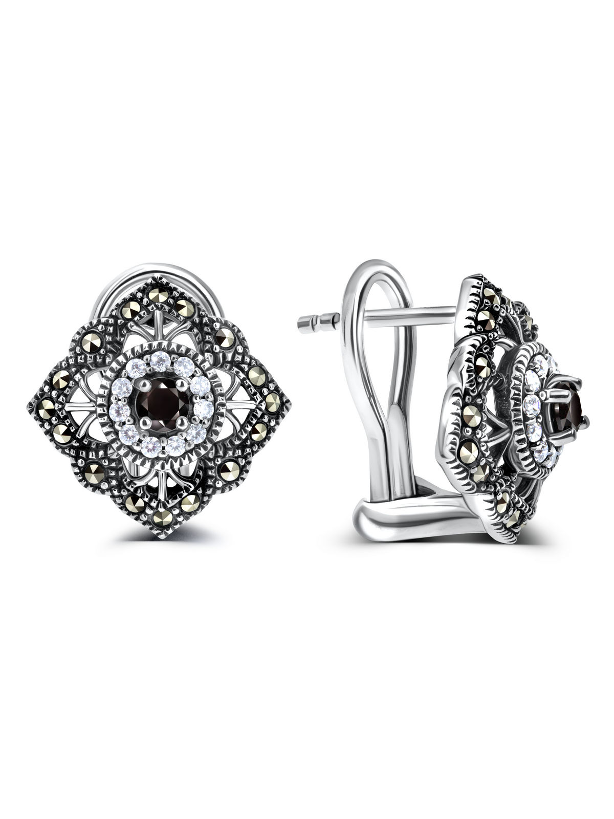 Серебряные серьги ALEXANDRE VASSILIEV с черной шпинелью, фианитами и марказитами Swarovski