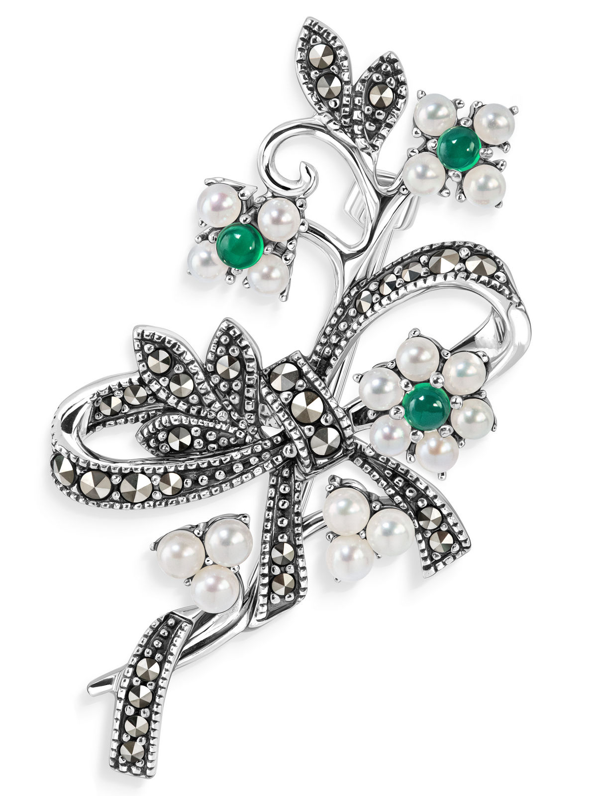 Серебряная брошь ALEXANDRE VASSILIEV с зеленым агатом, марказитами Swarovski и микрожемчугом