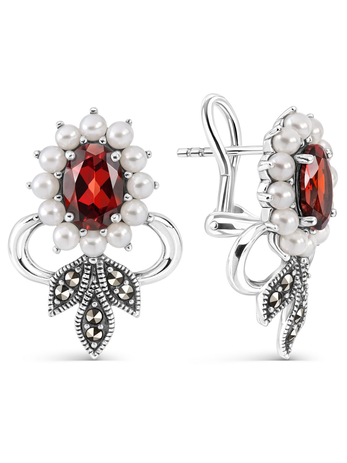 Серебряные серьги ALEXANDRE VASSILIEV с гранатом, микрожемчугом и марказитами Swarovski