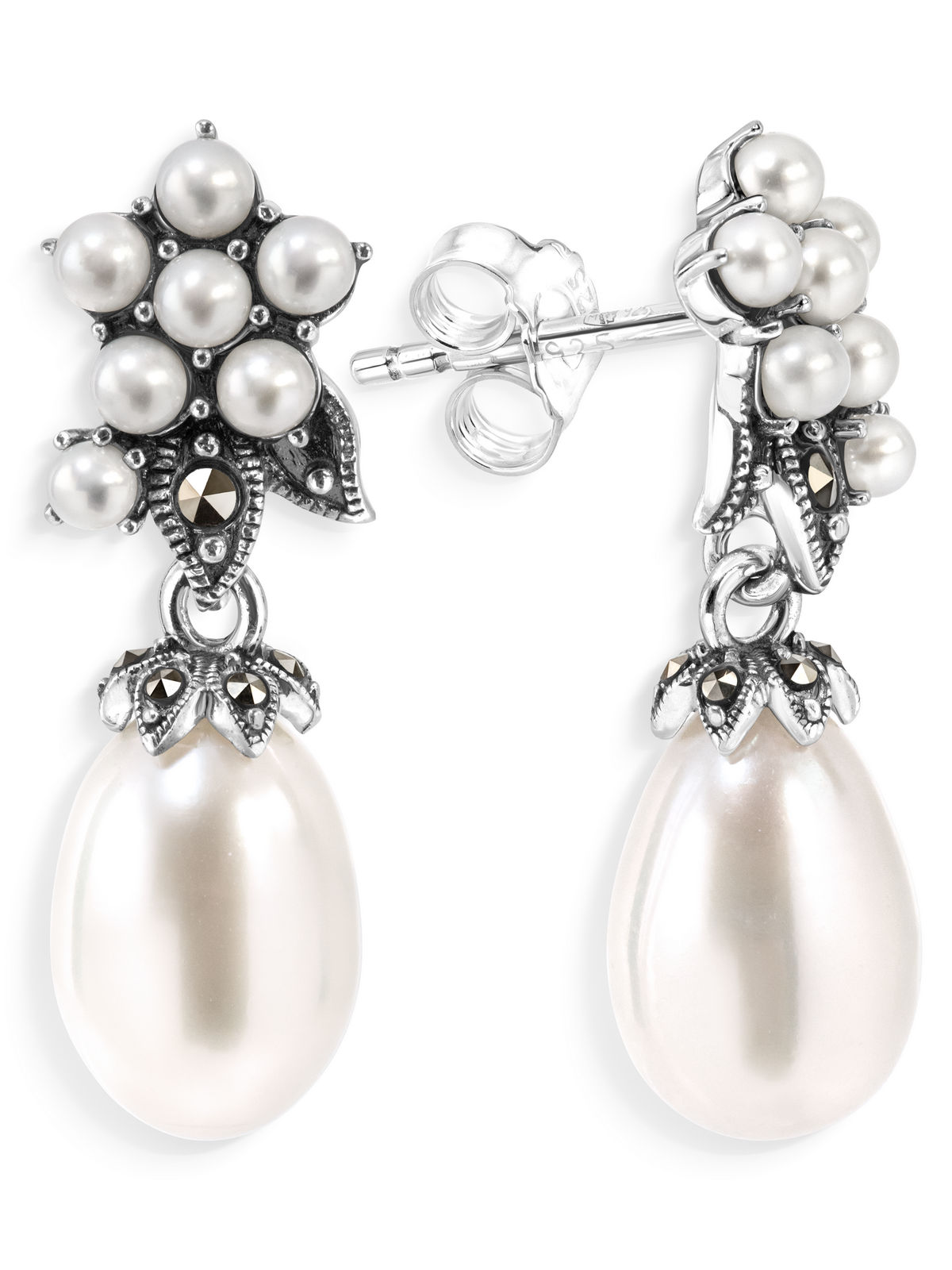 Серебряные серьги ALEXANDRE VASSILIEV с микрожемчугом и марказитами Swarovski