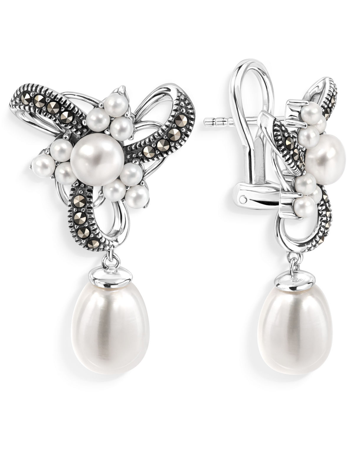 Серебряные серьги ALEXANDRE VASSILIEV с микрожемчугом и марказитами Swarovski