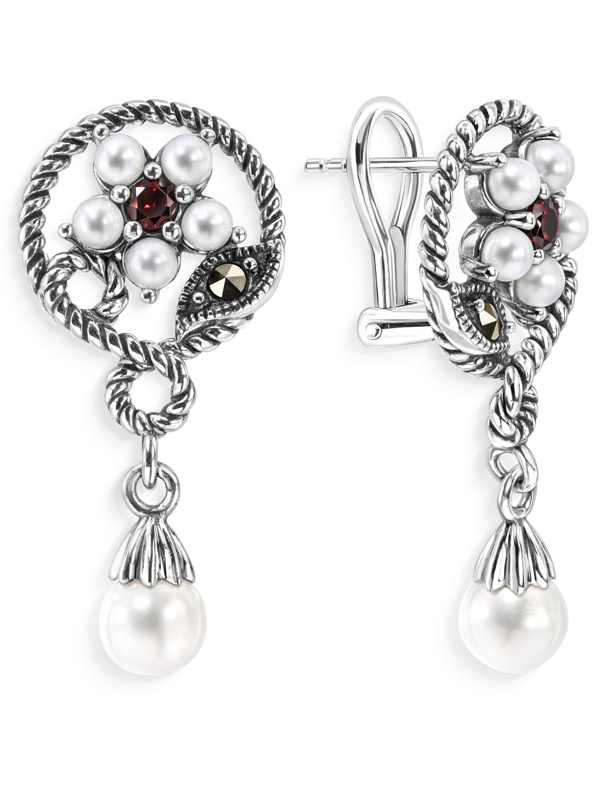 Серебряные серьги ALEXANDRE VASSILIEV с жемчугом, гранатом и марказитами Swarovski 