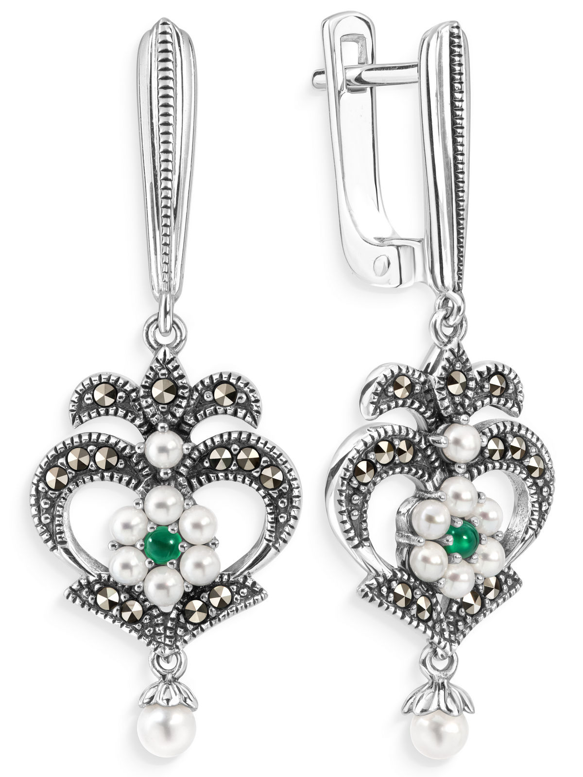 Серебряные серьги ALEXANDRE VASSILIEV с зеленым агатом, микрожемчугом и марказитами Swarovski