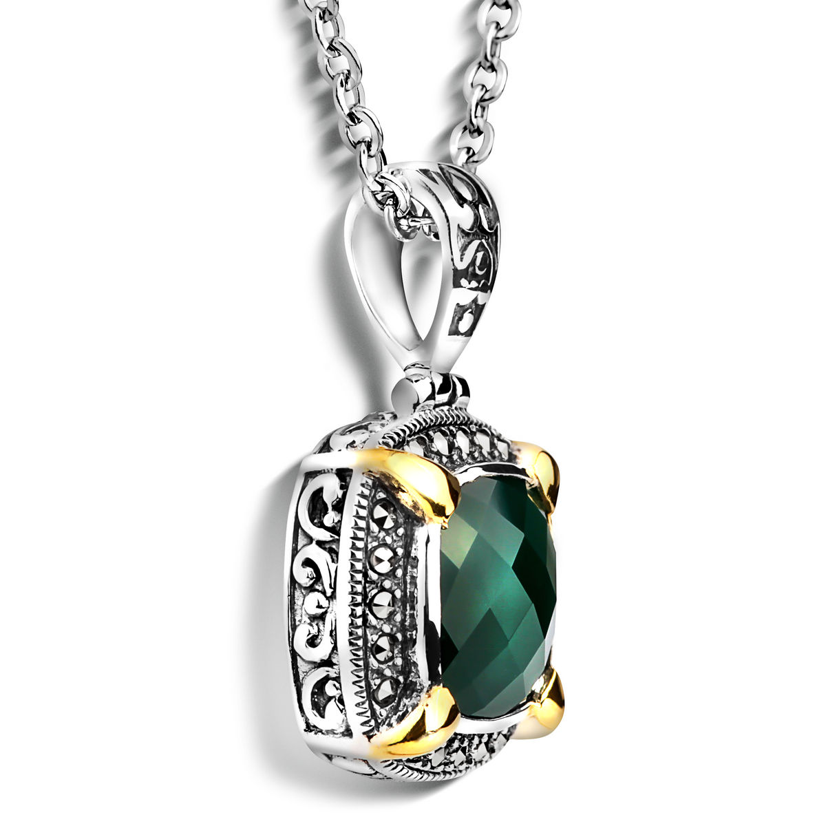 Серебряный кулон на цепи ALEXANDRE VASSILIEV с зеленым агатом, марказитами Swarovski  и позолотой