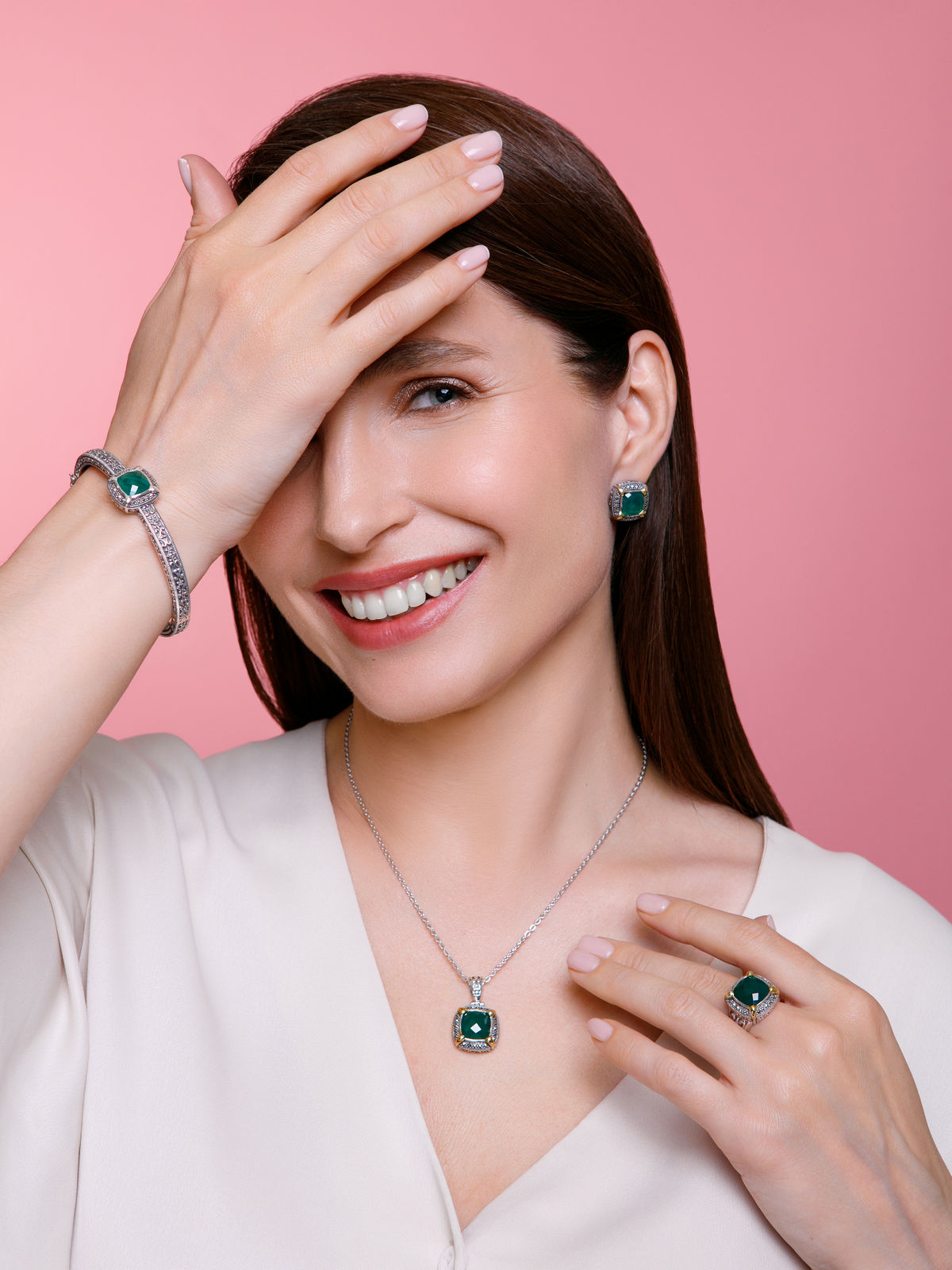 Серебряный кулон на цепи ALEXANDRE VASSILIEV с зеленым агатом, марказитами Swarovski  и позолотой
