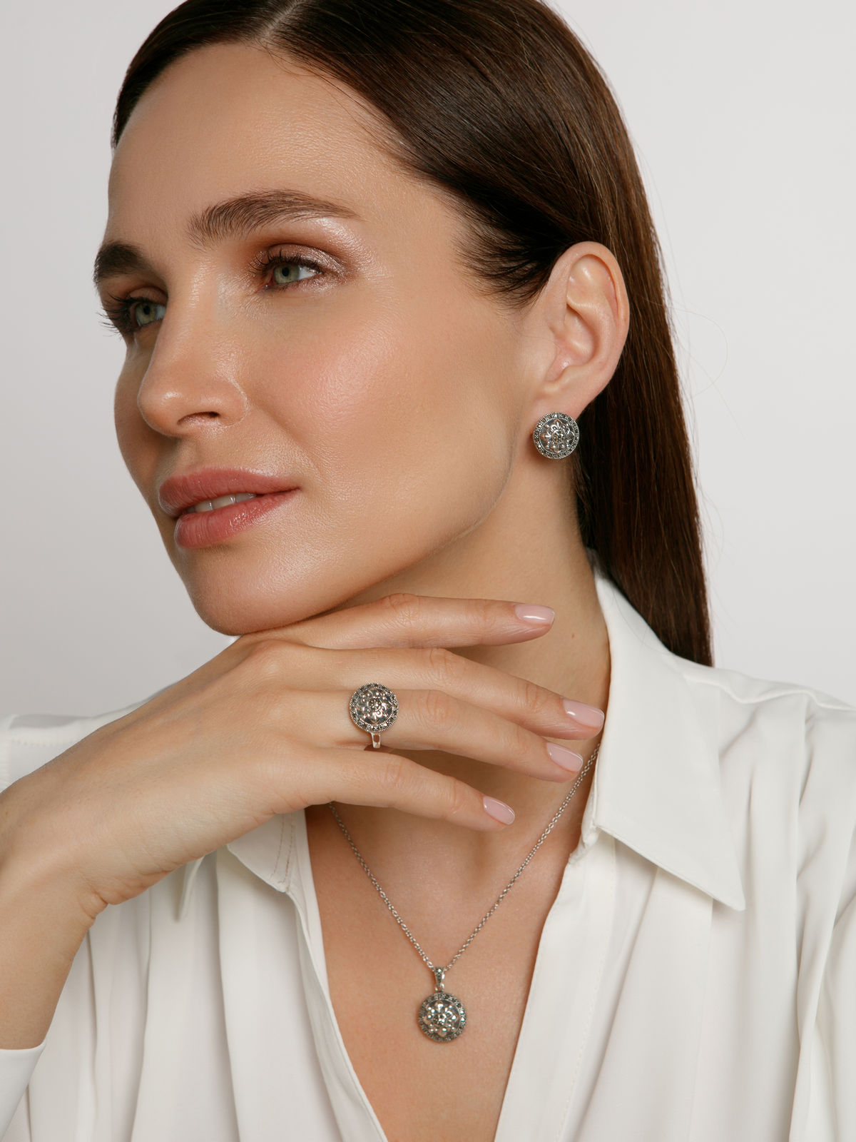 Серебряный кулон на цепи ALEXANDRE VASSILIEV с марказитами Swarovski