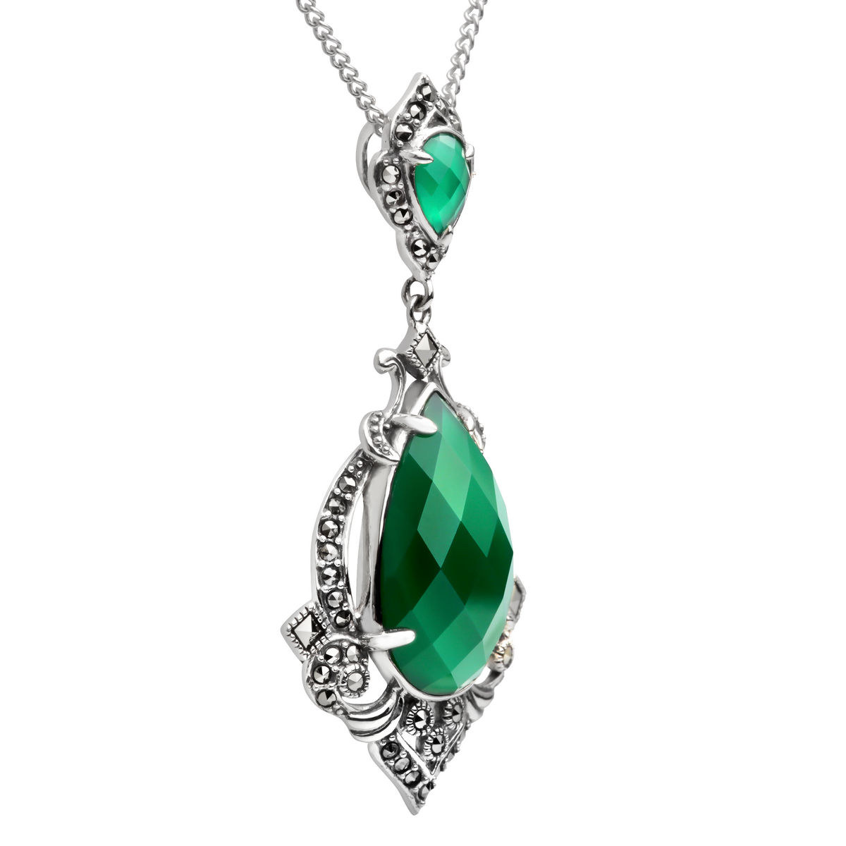 Серебряный кулон на цепи ALEXANDRE VASSILIEV с зелеными агатами и марказитами Swarovski