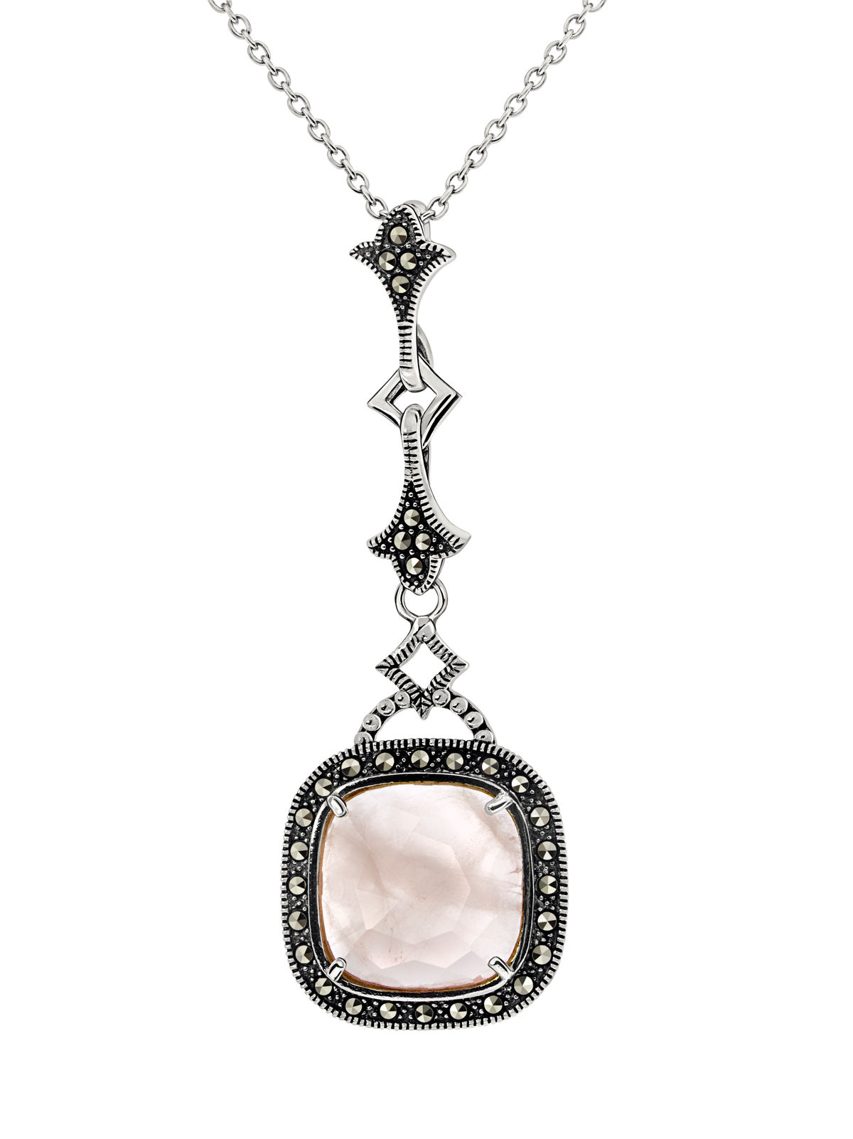 Серебряный кулон на цепи ALEXANDRE VASSILIEV с розовым кварцем и марказитами Swarovski
