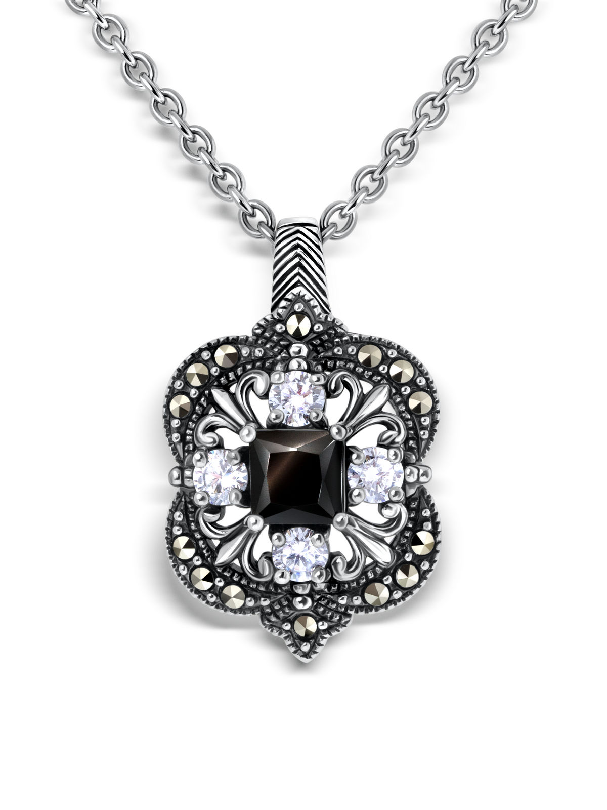 Серебряный кулон ALEXANDRE VASSILIEV с черной шпинелью, фианитами и марказитами Swarovski