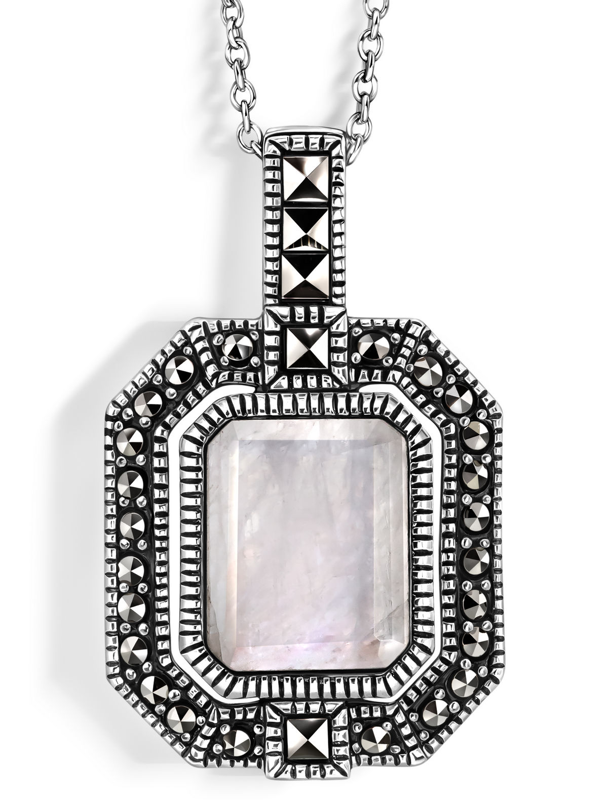 Серебряный кулон на цепи ALEXANDRE VASSILIEV с лунным камнем и марказитами Swarovski