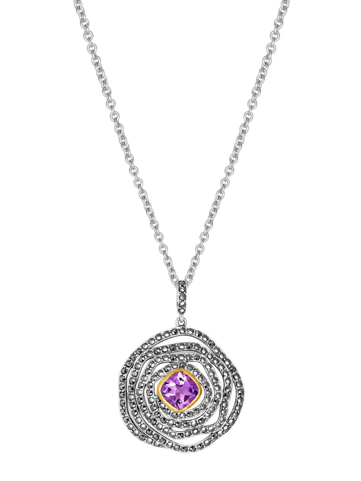 Серебряный кулон на цепи ALEXANDRE VASSILIEV с аметистом, марказитами Swarovski и позолотой