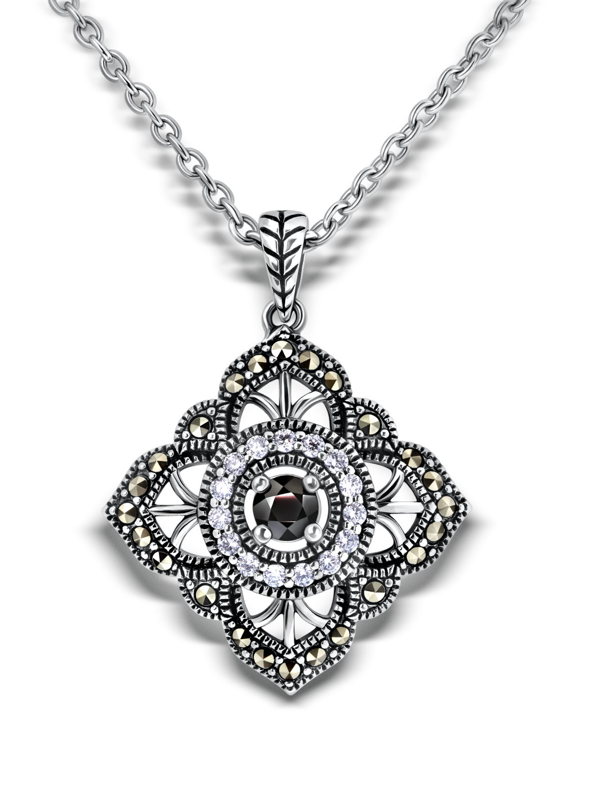Серебряный кулон ALEXANDRE VASSILIEV с черной шпинелью, фианитами и марказитами Swarovski