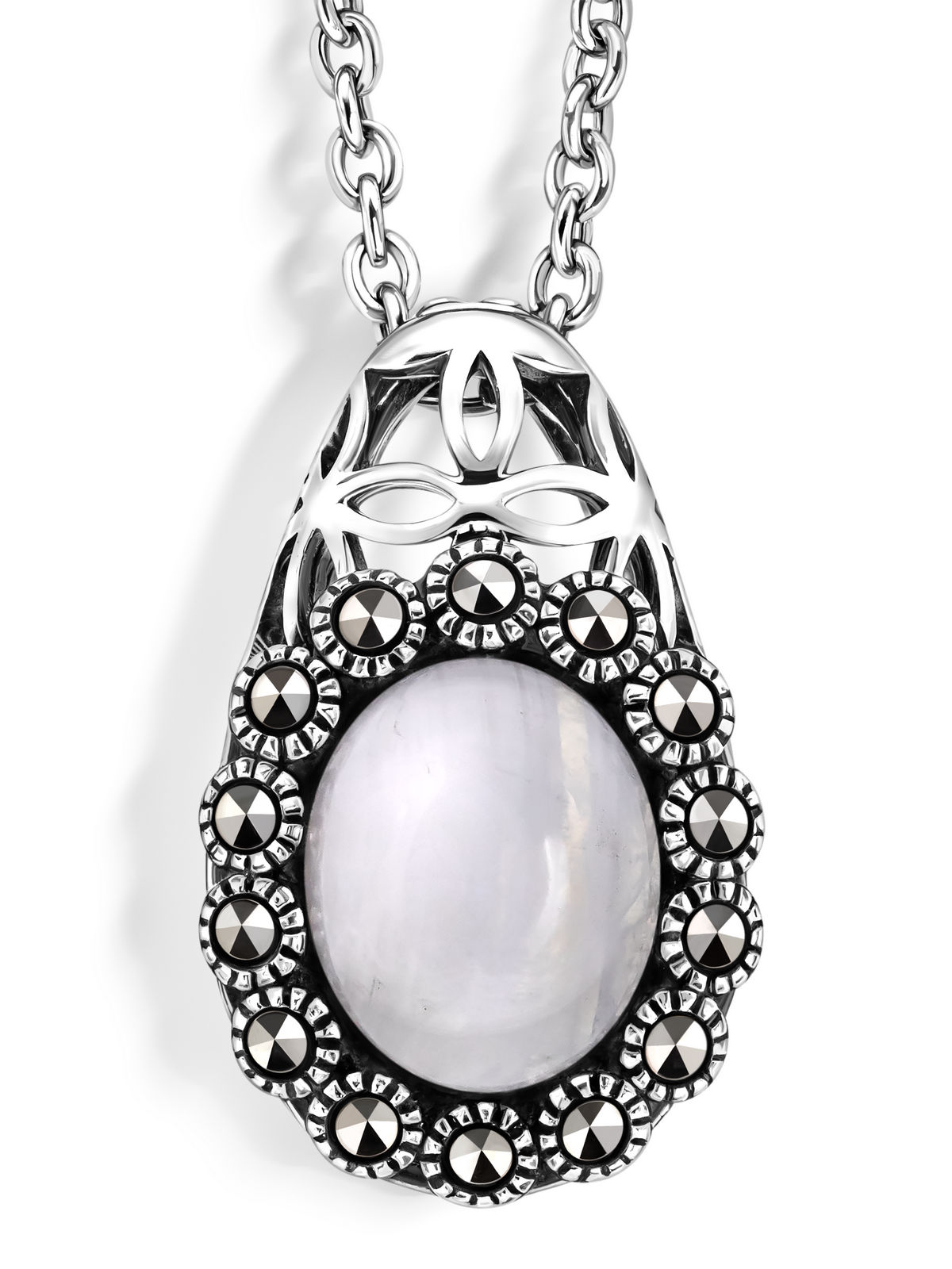 Серебряный кулон на цепи ALEXANDRE VASSILIEV с лунным камнем и марказитами Swarovski