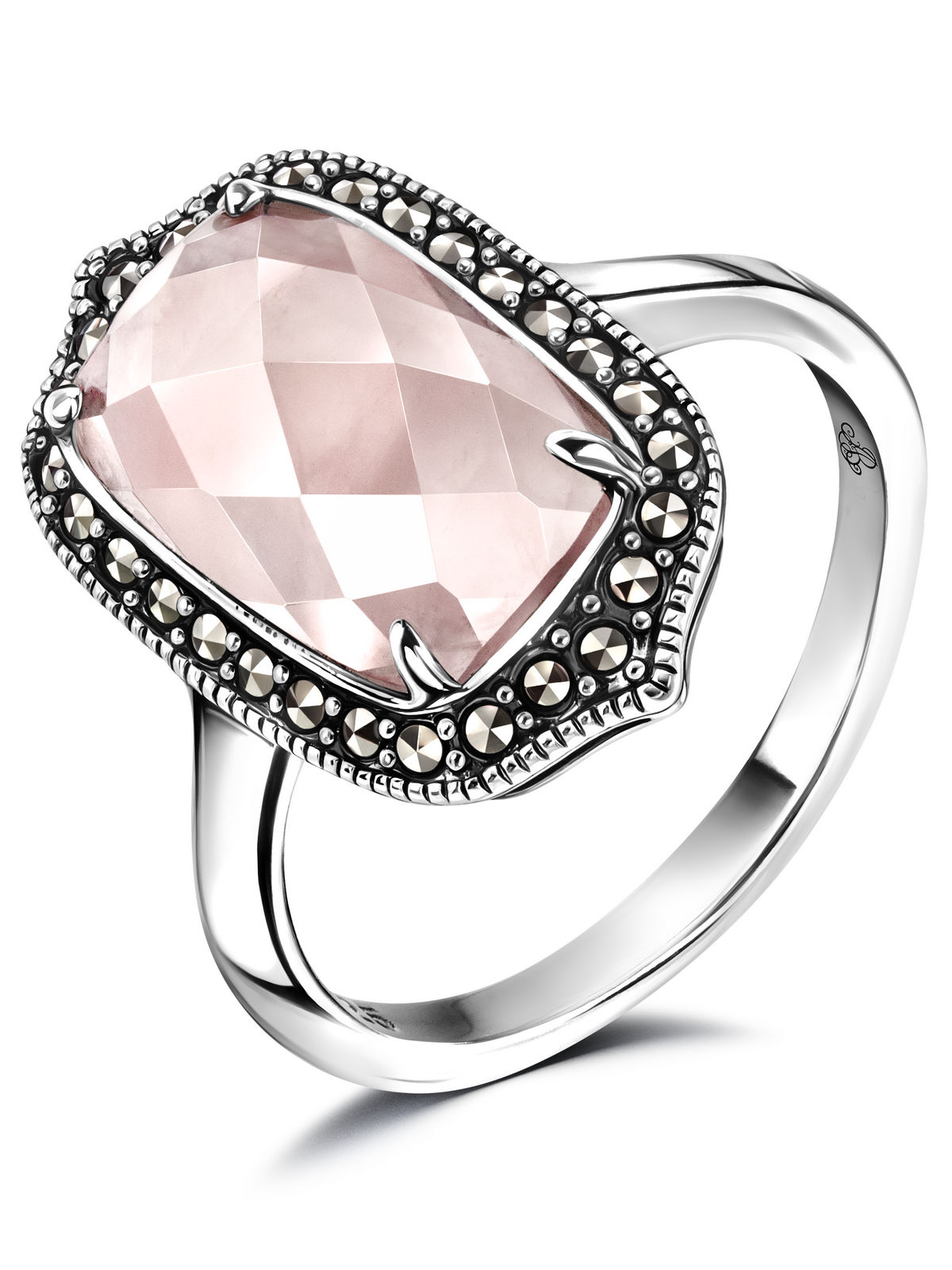 Серебряное кольцо ALEXANDRE VASSILIEV с розовым кварцем и марказитами Swarovski
