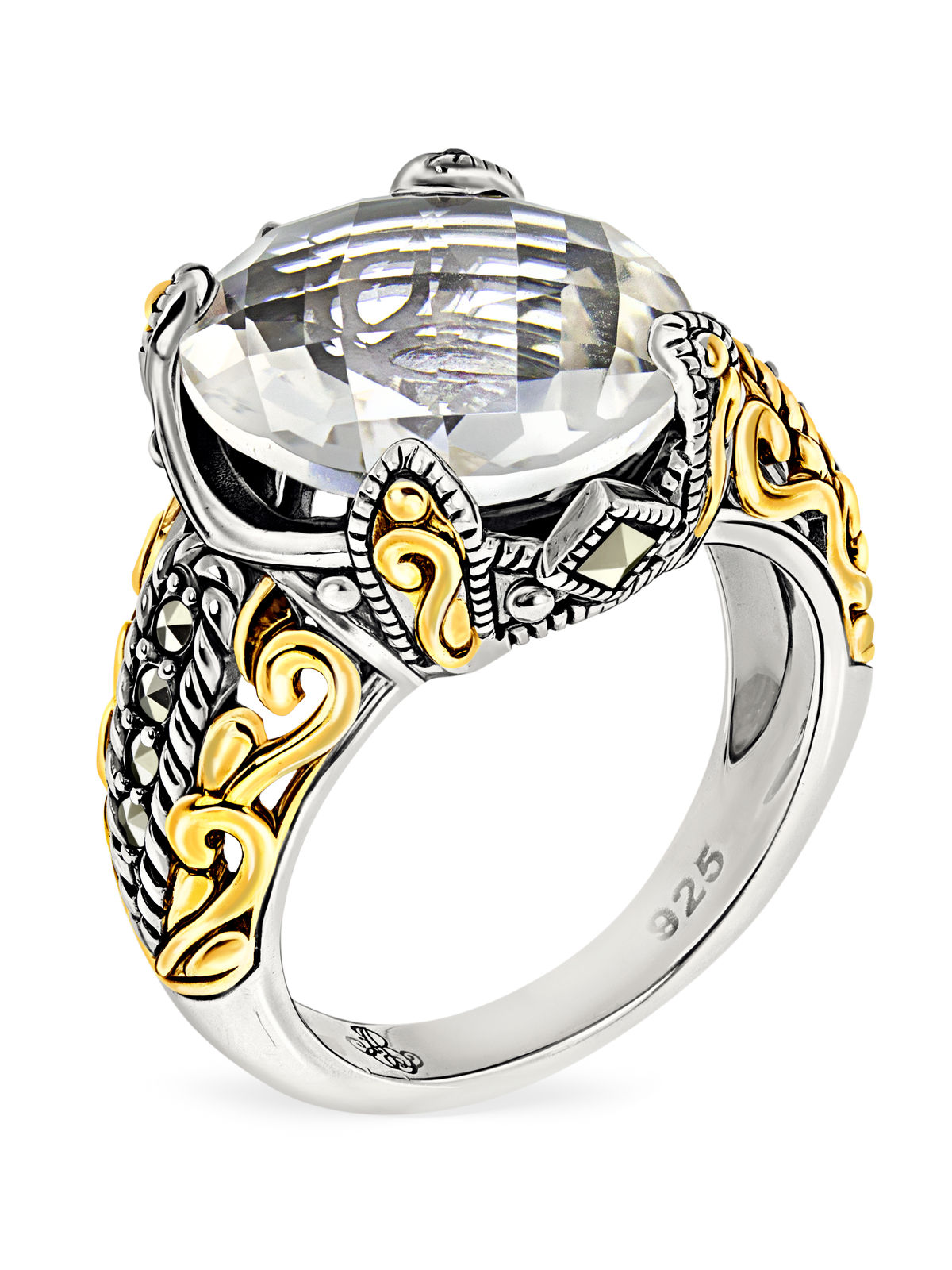 Серебряное кольцо ALEXANDRE VASSILIEV с горным хрусталем, марказитами Swarovski и позолотой