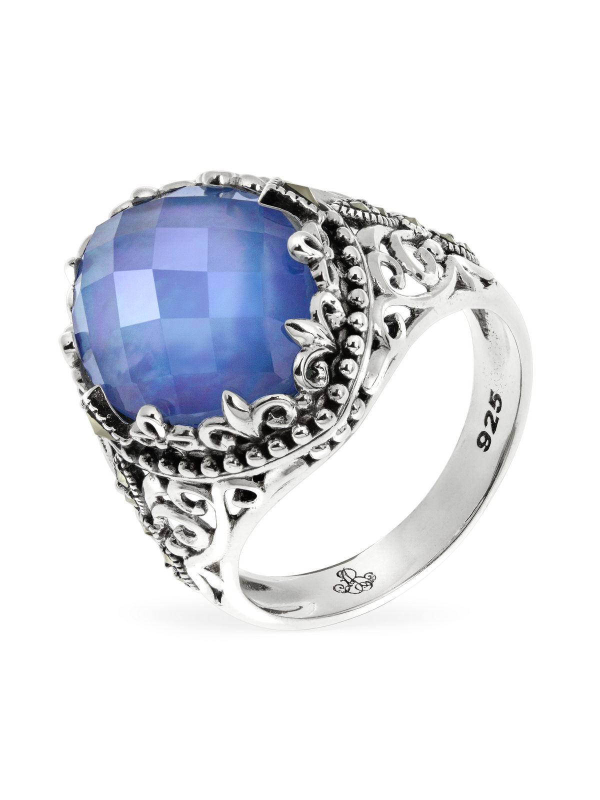 Серебряное кольцо ALEXANDRE VASSILIEV с голубым кварцем, перламутром и марказитами Swarovski