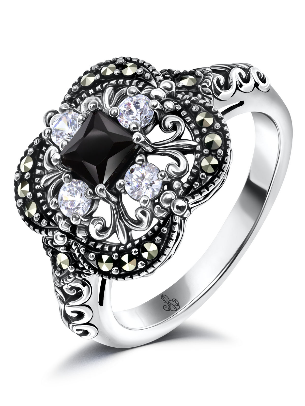 Серебряное кольцо ALEXANDRE VASSILIEV с черной шпинелью, фианитами и марказитами Swarovski