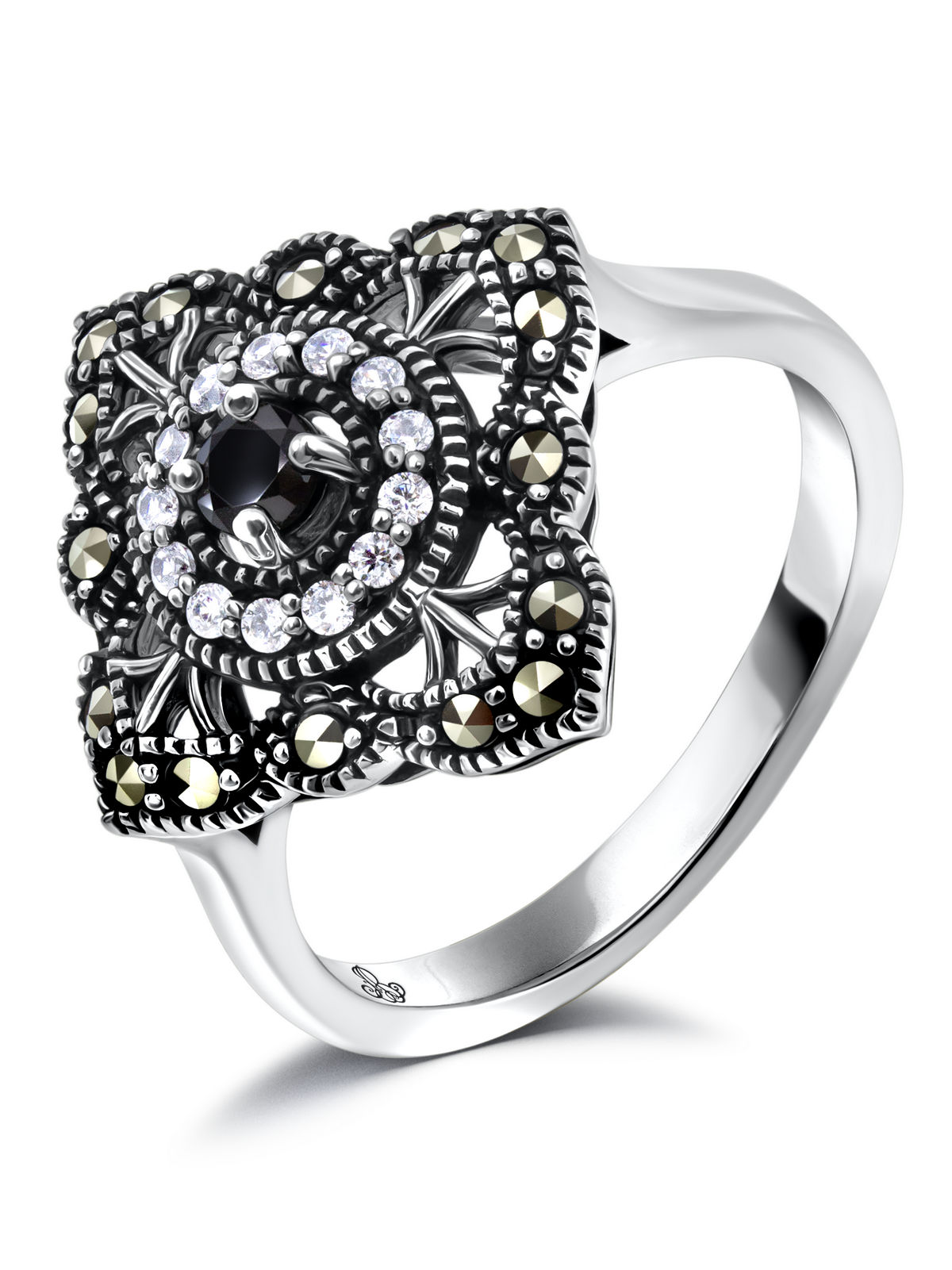 Серебряное кольцо ALEXANDRE VASSILIEV с черной шпинелью, фианитами и марказитами Swarovski