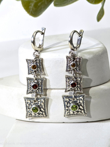Серебряные серьги ETERI с гранатом, хризолитом и цитрином