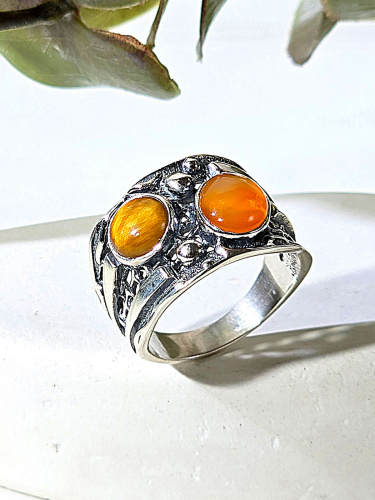 Серебряное кольцо ETERI с сердоликом и тигровым глазом