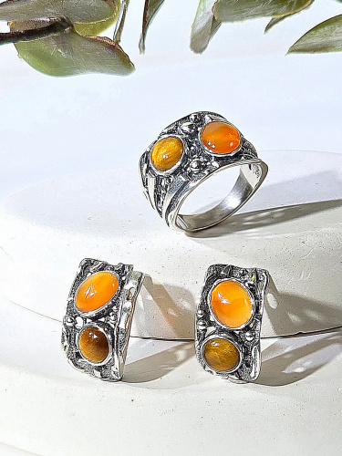 Серебряное кольцо ETERI с сердоликом и тигровым глазом