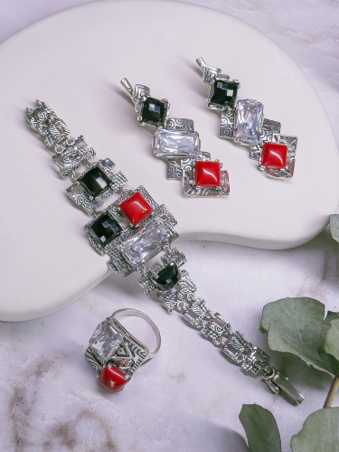 Серебряный браслет ETERI с кораллом, агатом и фианитом