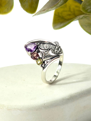 Серебряное кольцо ETERI с аметистом, турмалином и лимонным кварцем