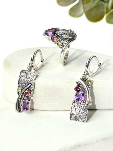 Серебряное кольцо ETERI с аметистом, турмалином и лимонным кварцем
