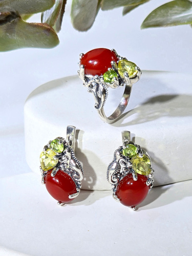 Серебряное кольцо ETERI с сердоликом, лимонным кварцем и хризолитом