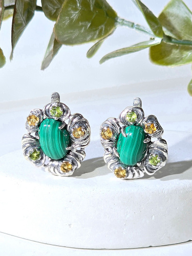 Серебряные серьги ETERI с малахитом, хризолитом и цитрином