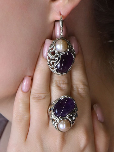 Серебряные серьги ETERI с аметистом и жемчугом