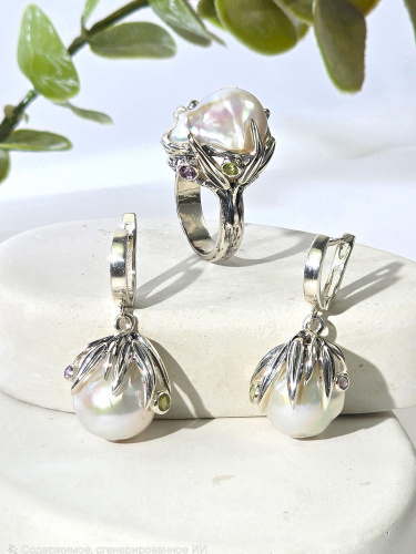 Серебряные серьги ETERI с жемчугом, аметистом  и хризолитом