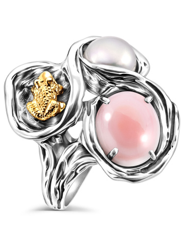 Серебряное кольцо ETERI с розовым кораллом и жемчугом