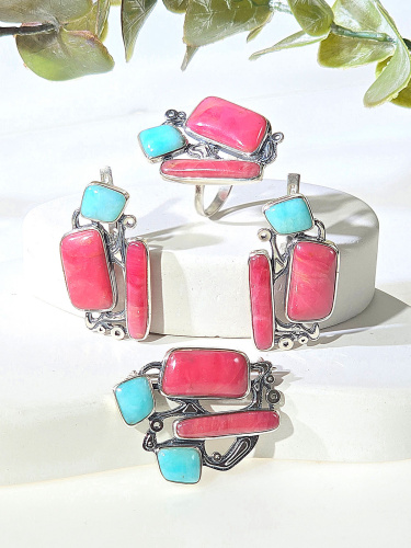 Серебряное кольцо ETERI с амазонитом и родонитом