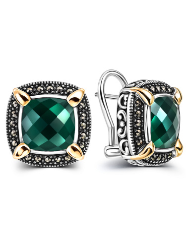 Серебряные серьги ALEXANDRE VASSILIEV с зеленым агатом, марказитами Swarovski  и позолотой 
