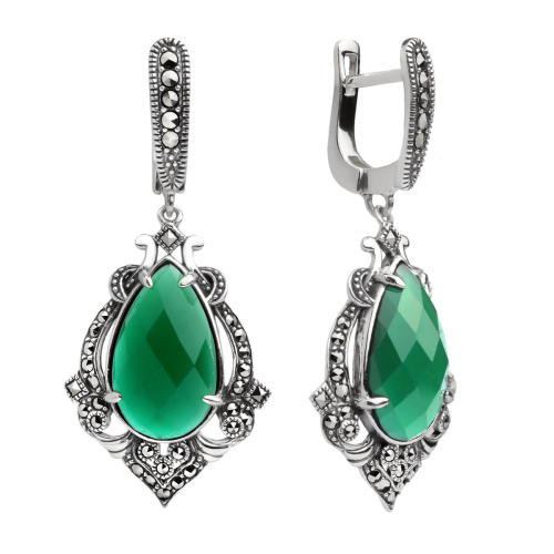 Серебряные серьги ALEXANDRE VASSILIEV с зеленым агатом и марказитами Swarovski