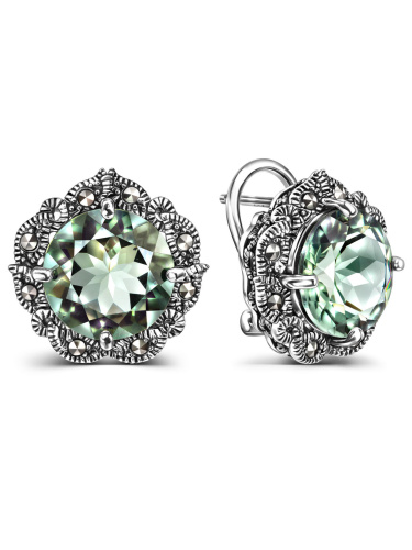Серебряные серьги ALEXANDRE VASSILIEV с зеленым аметистом и марказитами Swarovski